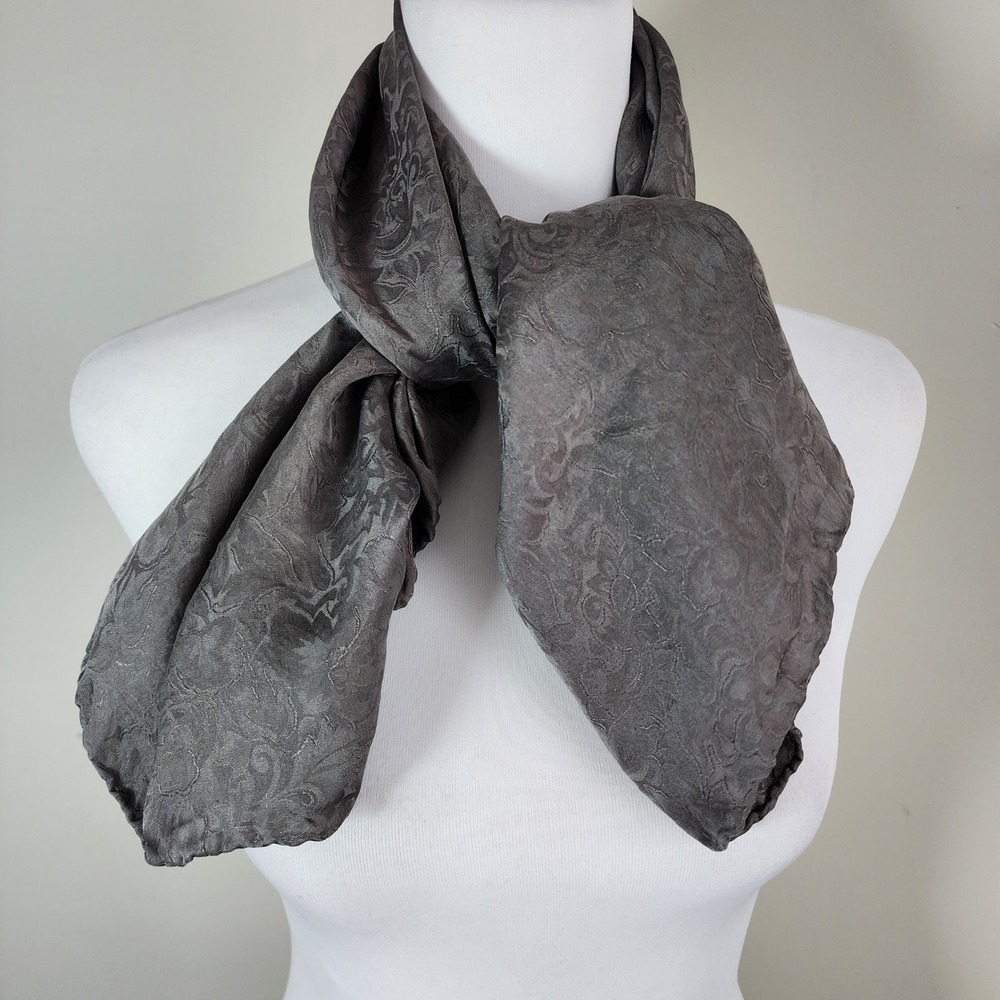 100% Silk Jacquard Scarf Gray Floral Damask Square Minimal Luxury Rolled Edges